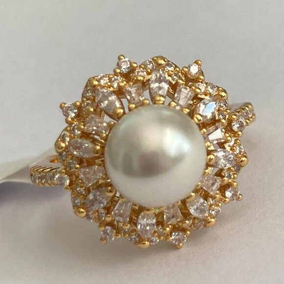 Art Deco Cubic Zirconia White Pearl Cocktail Ring Yellow Gold Plated Size 7 8 9 - Picture 6 of 16